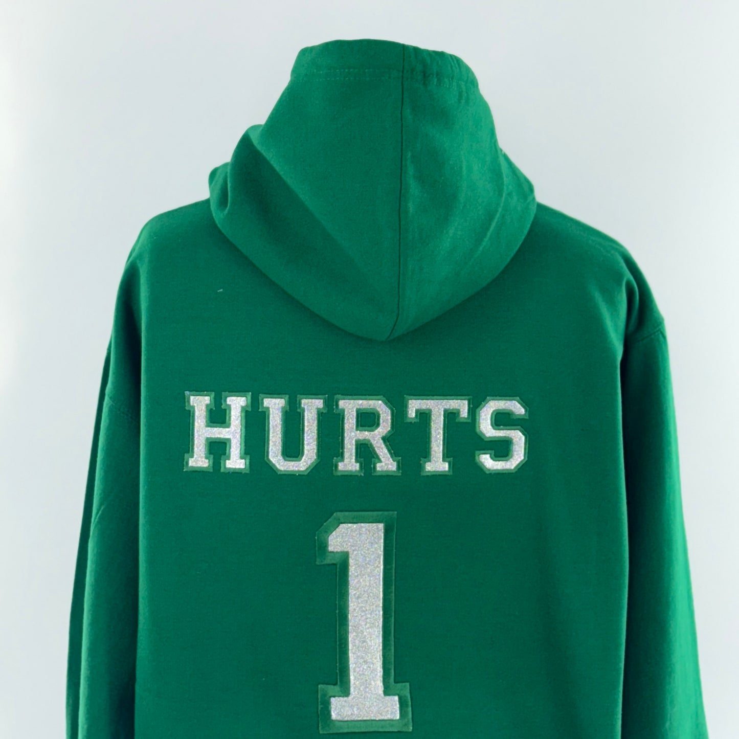 Hurts Bling Football Season  Kelly Green Philadelphia Eagles Embroidered Hood and Chest Hoodie
