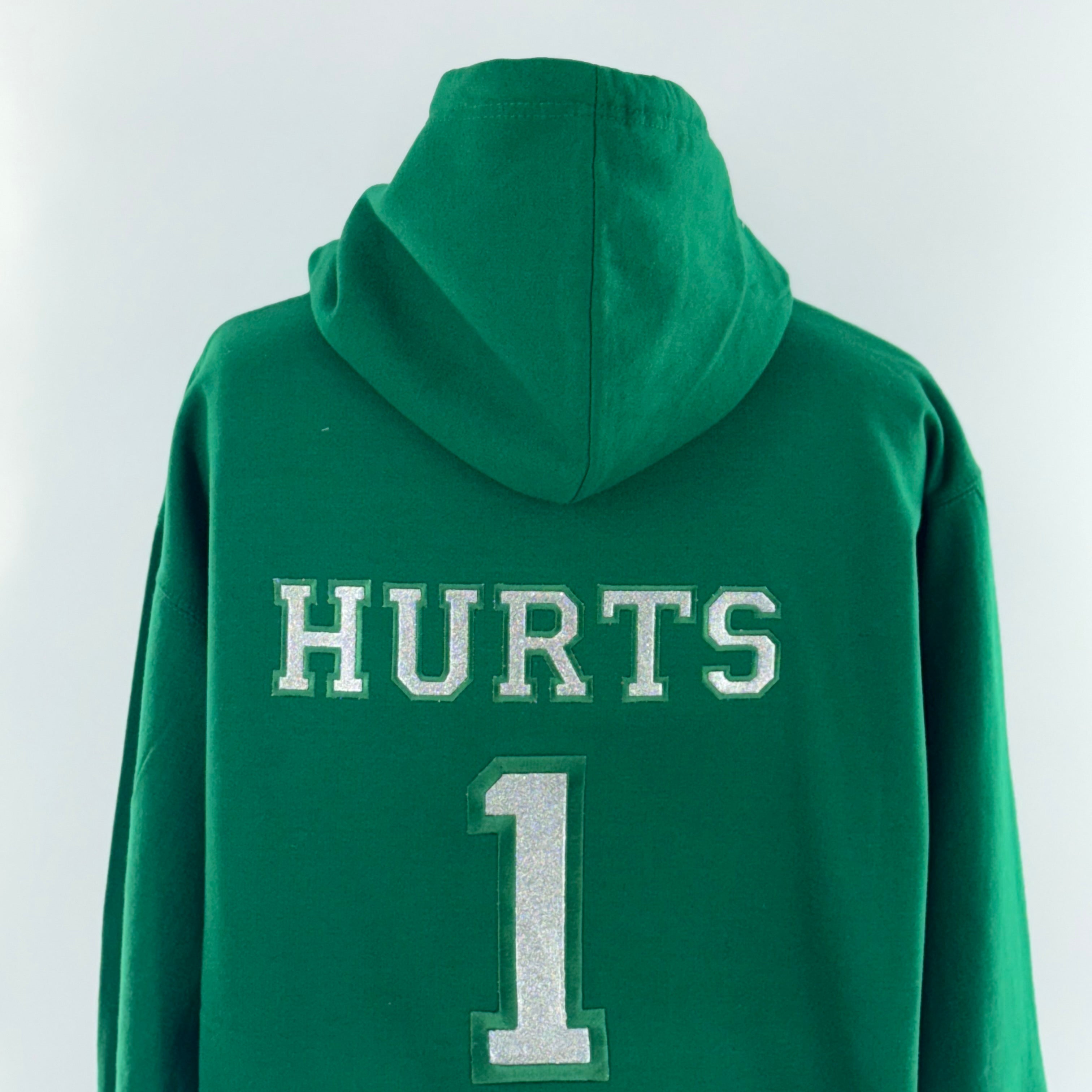 Hurts Bling Football Season  Kelly Green Philadelphia Eagles Embroidered Hood and Chest Hoodie