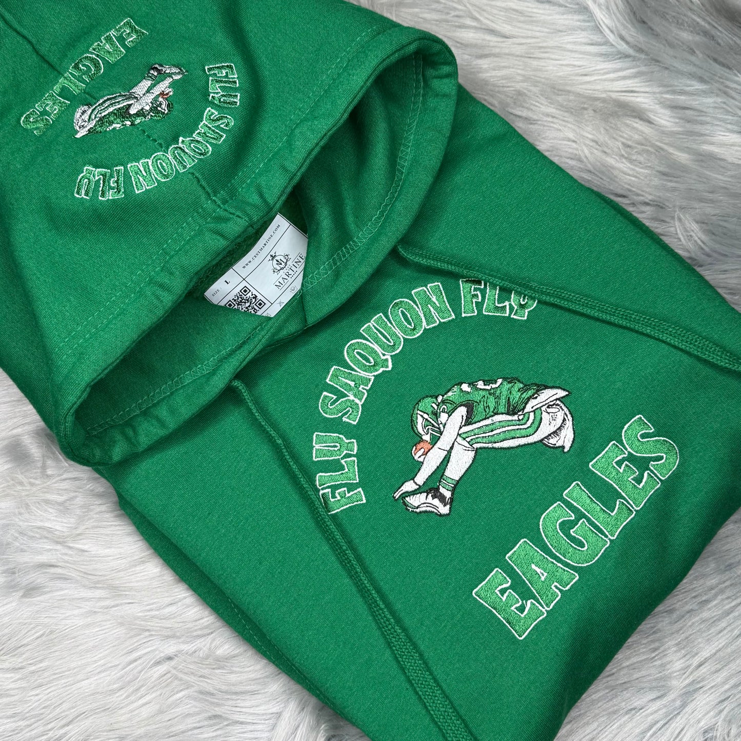 Fly Saquon Fly Football Season  Kelly Green Philadelphia Eagles Embroidered Hood and Chest Hoodie