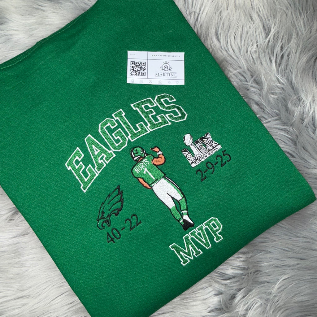 MVP Jalen Hurts Football Season  Kelly Green Philadelphia Eagles Embroidered Hood and Chest Hoodie