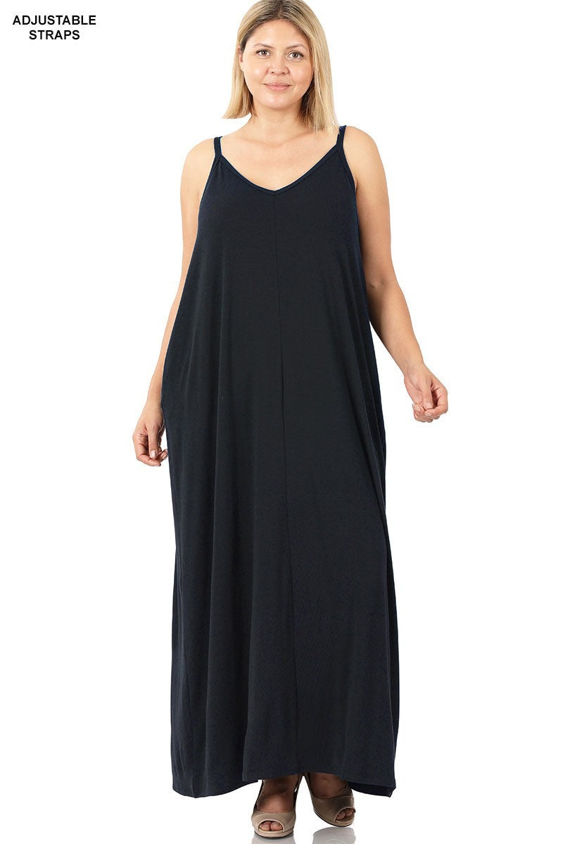 Plus Size Dress, Maxi Spagetti Strap V Neck Dress with Pockets Black Dress