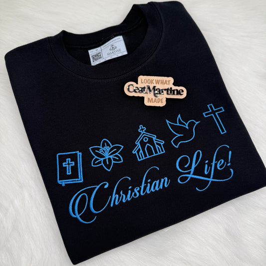 Christian Life Sweatshirt – Faith-Inspired Crewneck with Bible, Cross, Dove, Church & Floral Design