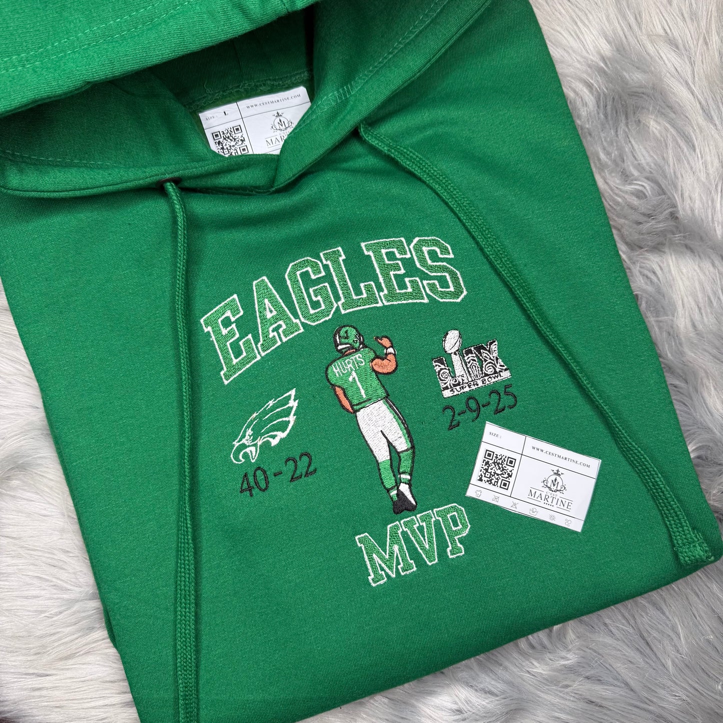 MVP Jalen Hurts Football Season  Kelly Green Philadelphia Eagles Embroidered Hood and Chest Hoodie