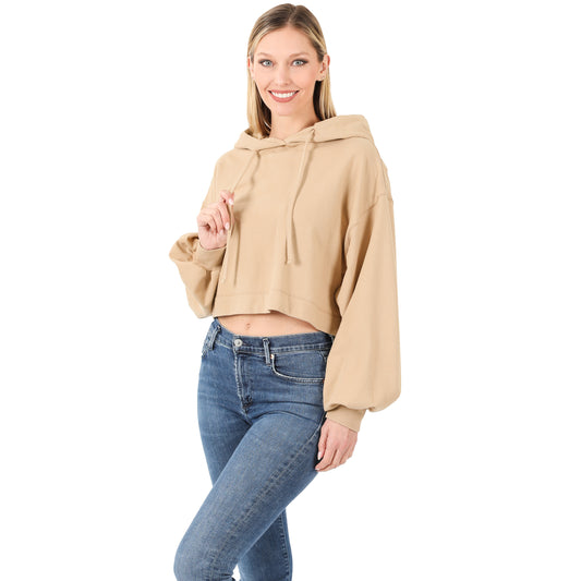 Crop Top Hoodie, Elegant, Loungewear, Long Puffy Sleeve, Hoodie Tan
