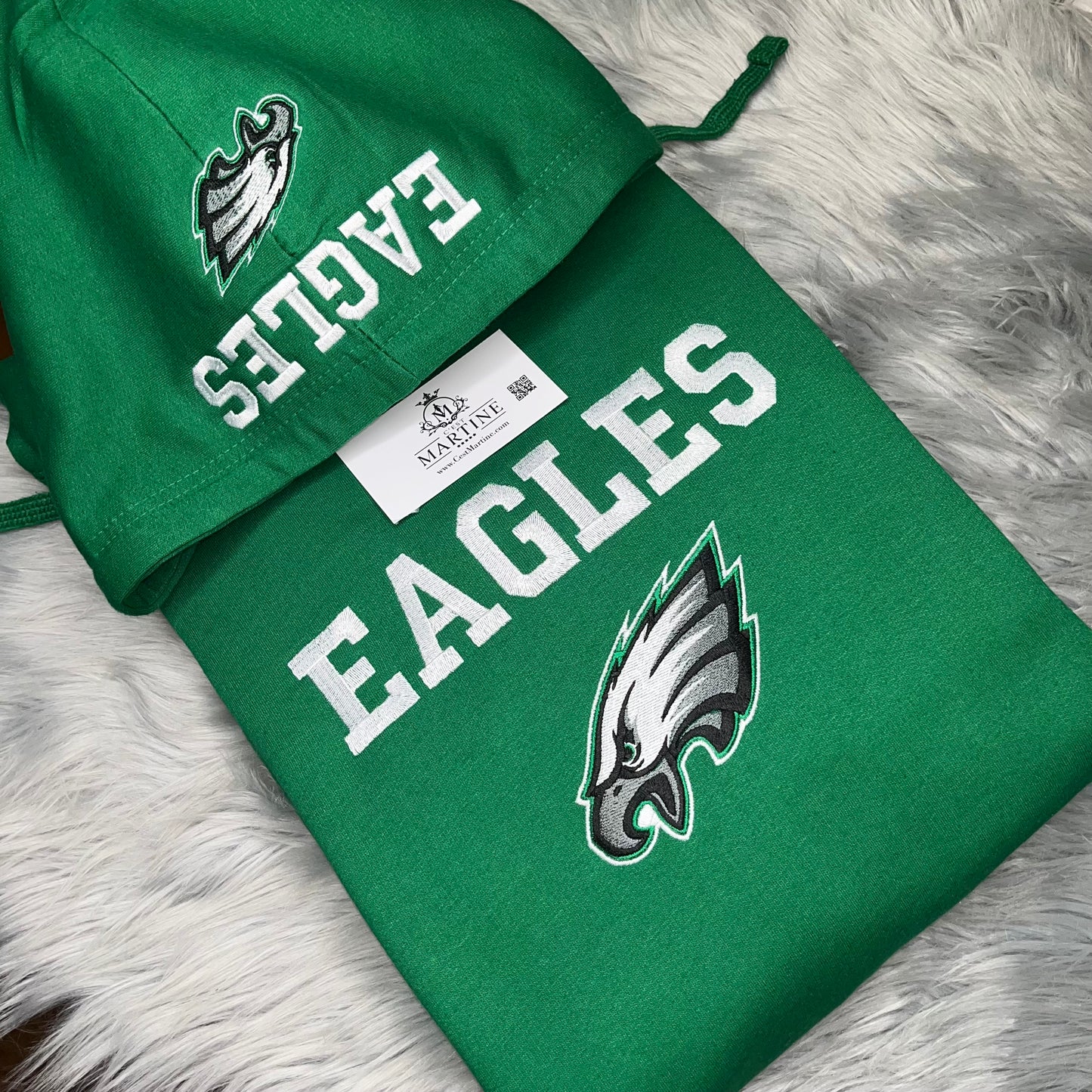 Football Season KellyGreen Philadelphia Eagles Embroidered Hood and Chest Hoodie
