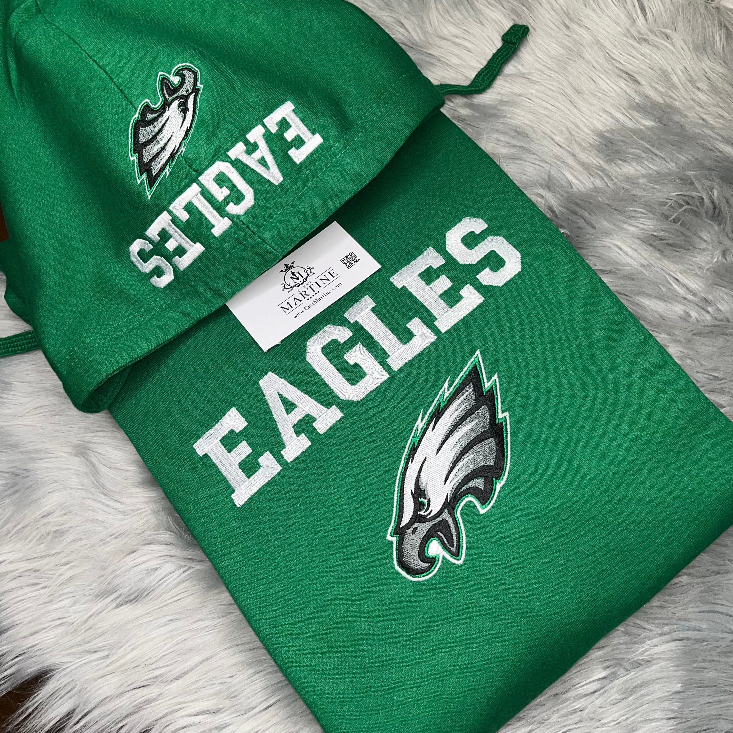 Football Season  Kelly Green Philadelphia Eagles Embroidered Hood and Chest Hoodie