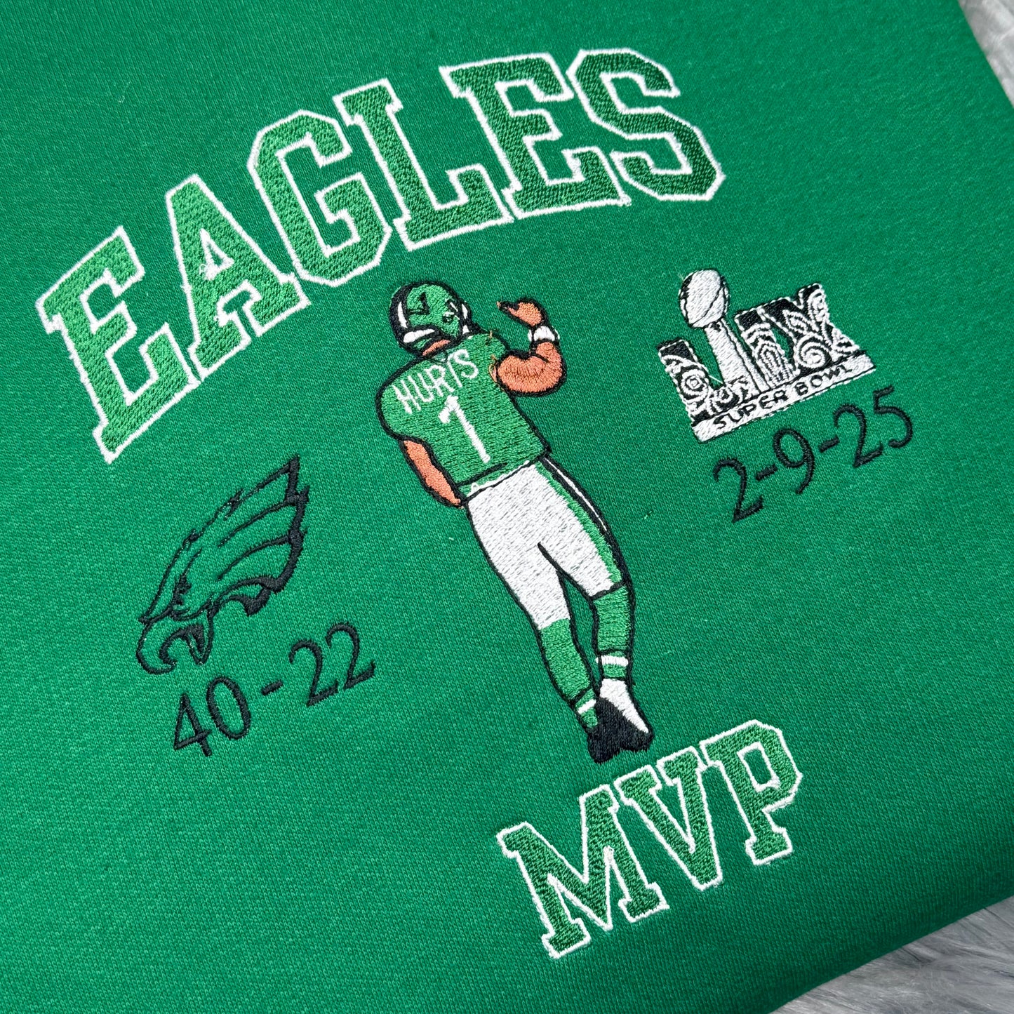 MVP Jalen Hurts Football Season  Kelly Green Philadelphia Eagles Embroidered Hood and Chest Hoodie