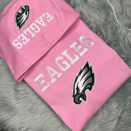Football Season  Pink Philadelphia Eagles Embroidered Hood and Chest Hoodie