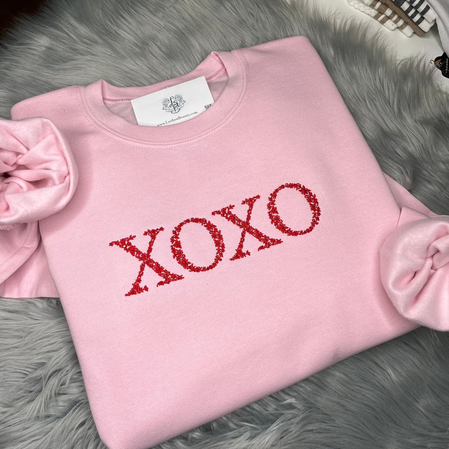 Valentine's Day XOXO Flowers Embroidered CrewNeck Sweatshirt