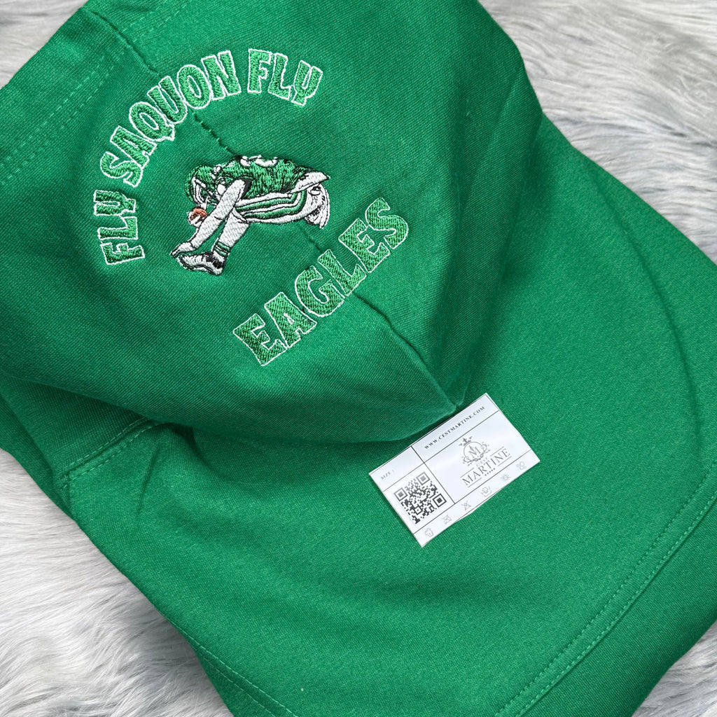 Fly Saquon Fly Football Season  Kelly Green Philadelphia Eagles Embroidered Hood and Chest Hoodie
