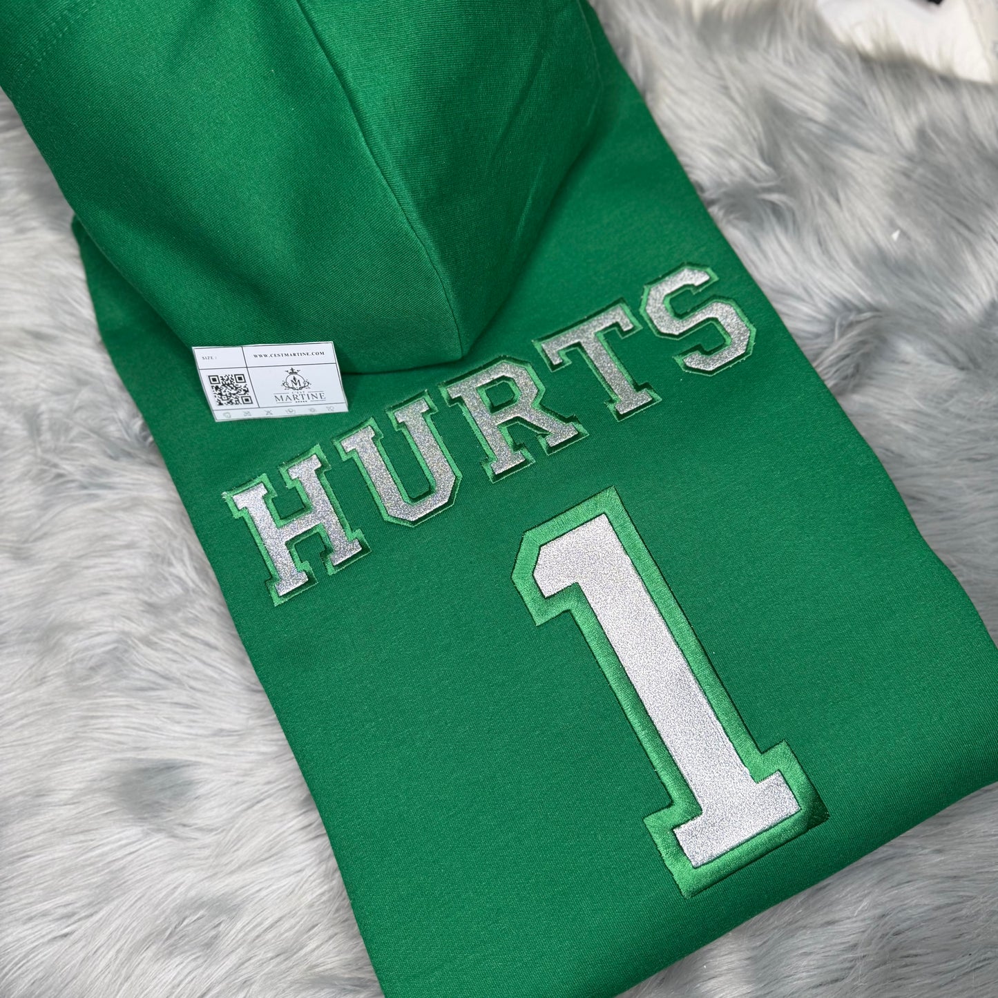 Hurts Bling Football Season  Kelly Green Philadelphia Eagles Embroidered Hood and Chest Hoodie