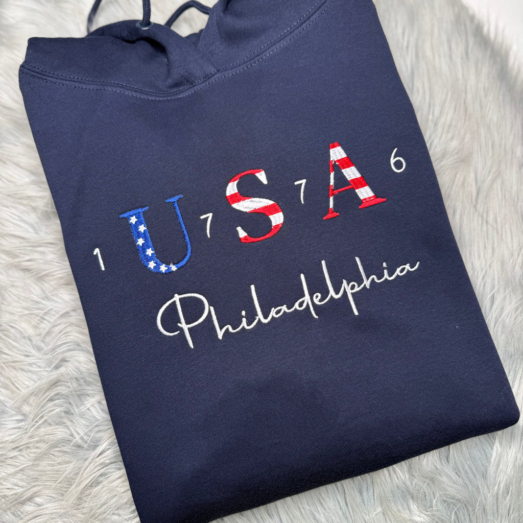 Patriotic, USA Embroidered SweatShirt, 1776 Crewneck, Philadelphia, Personalized Crew, America | C'est Martine