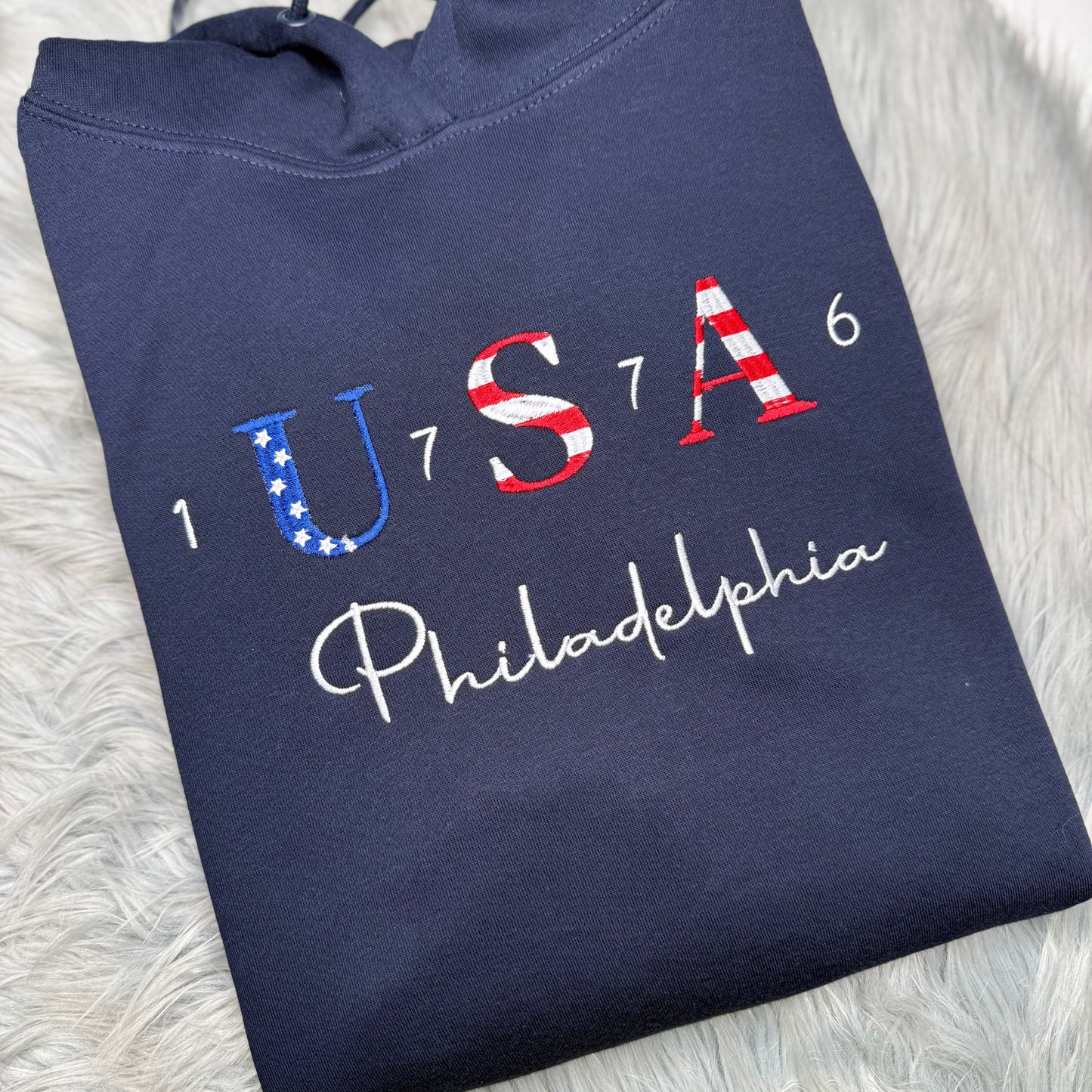 Patriotic, USA Embroidered SweatShirt, 1776 Crewneck, Philadelphia, Personalized Crew, America | C'est Martine