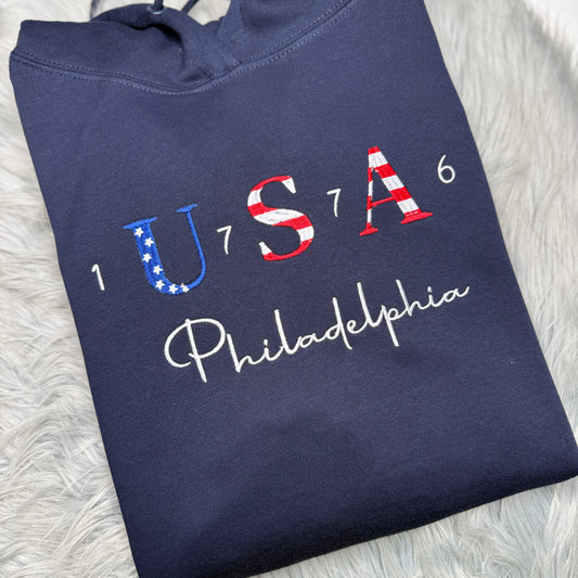 Patriotic, USA Embroidered SweatShirt, 1776 Crewneck, Philadelphia, Personalized Crew, America | C'est Martine