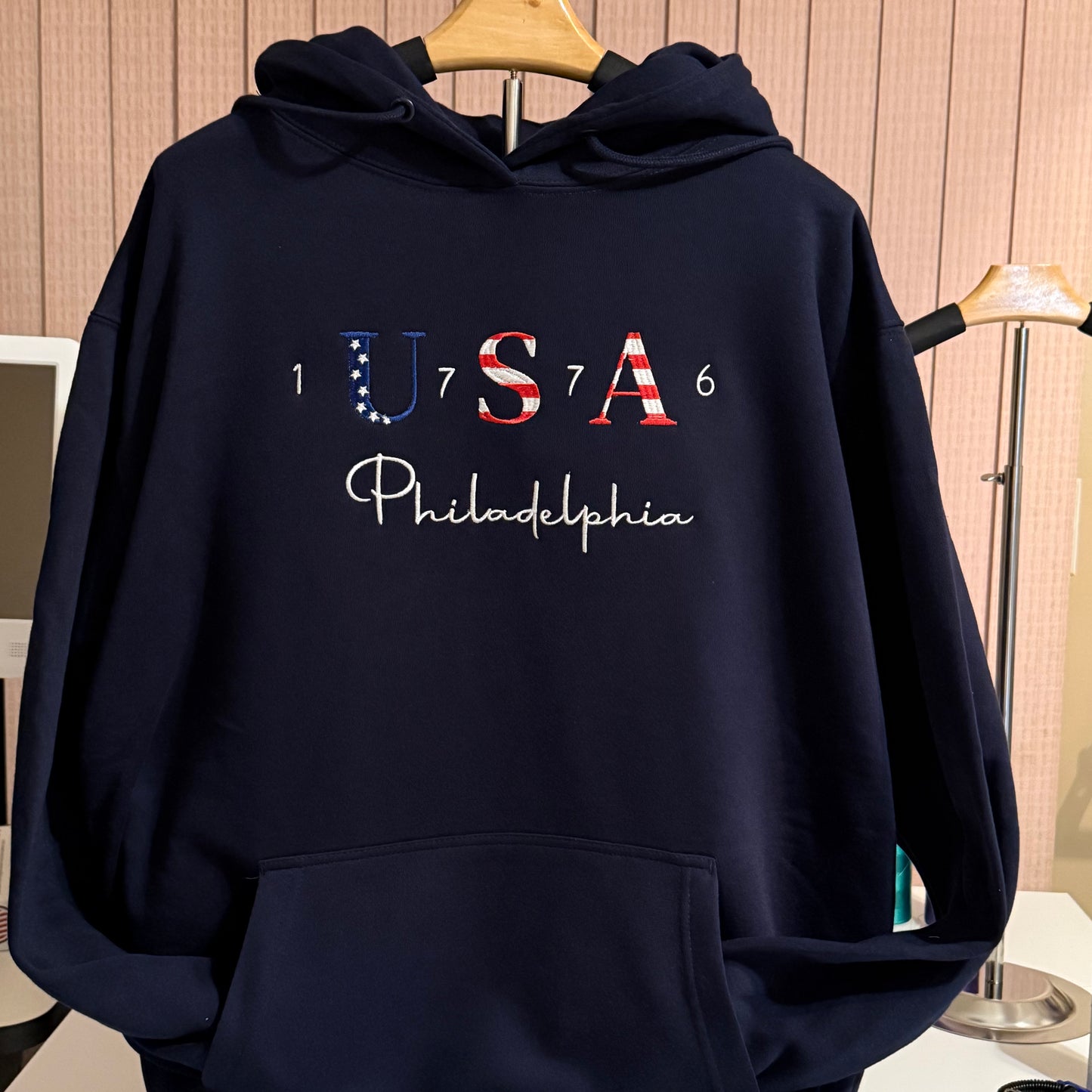 Patriotic, USA Embroidered SweatShirt, 1776 Crewneck, Philadelphia, Personalized Crew, America | C'est Martine