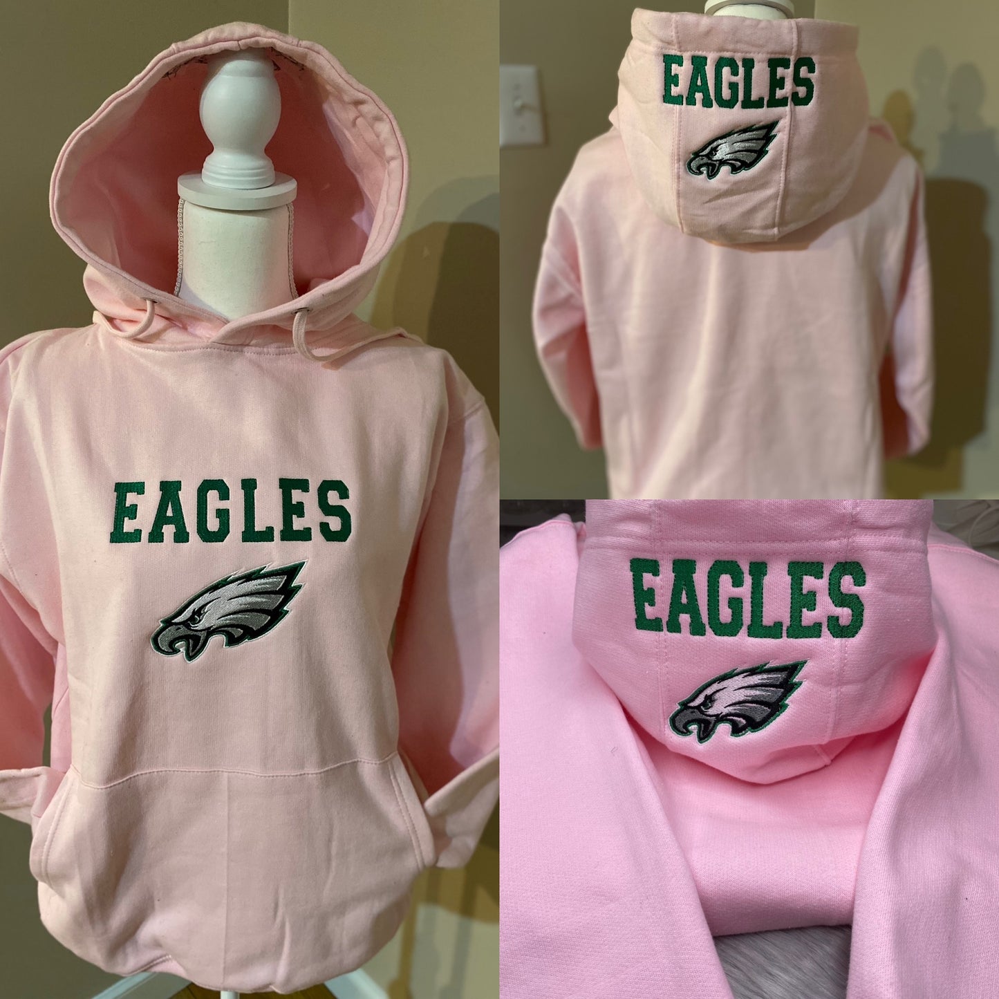 Pink Football Season Philadelphia Eagles Embroidered Hood and Chest Hoodie