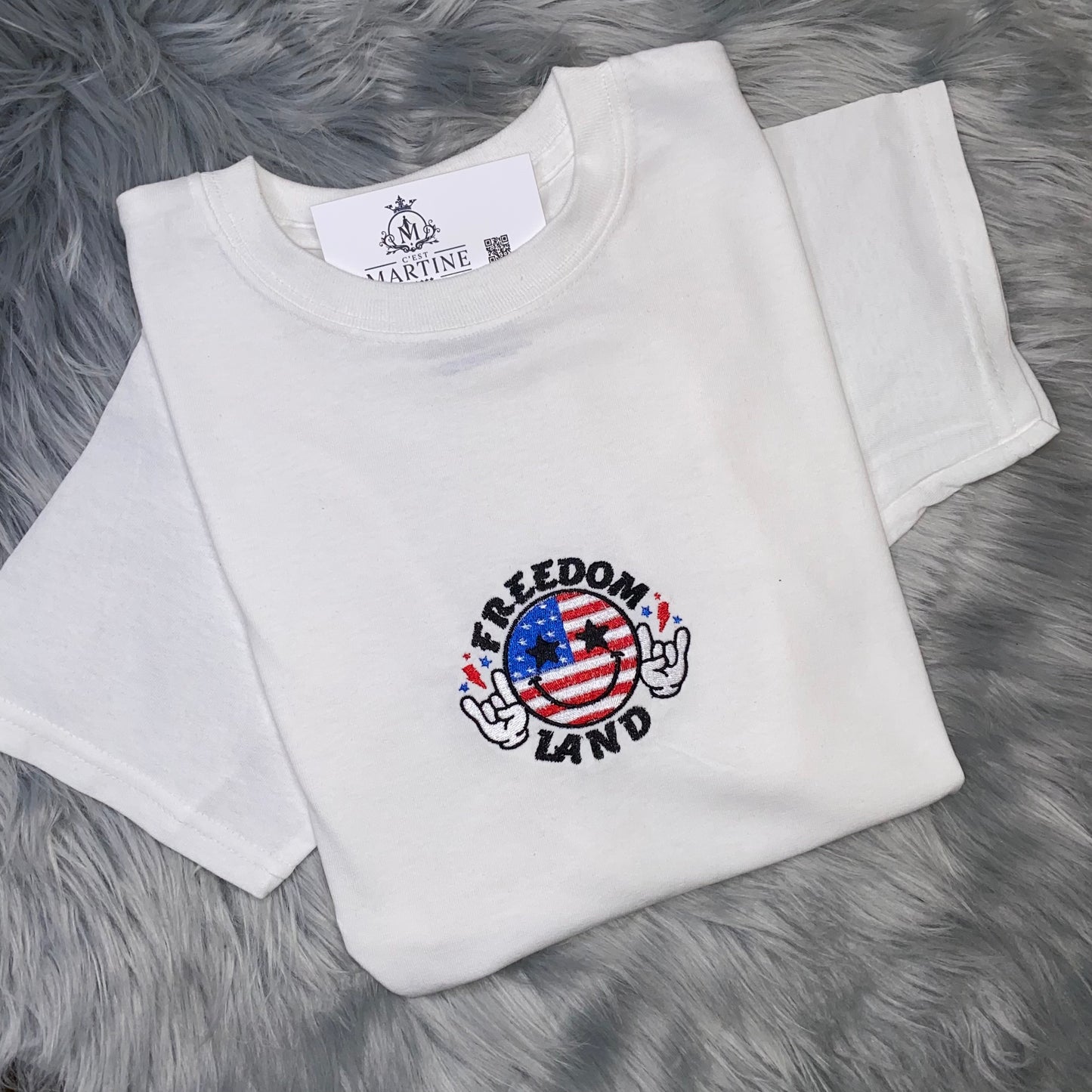 4th of July, Smiley Face, All American, Freedom, Land of the Free, America  Embroidered, Custom T-Shirt, Church Going
