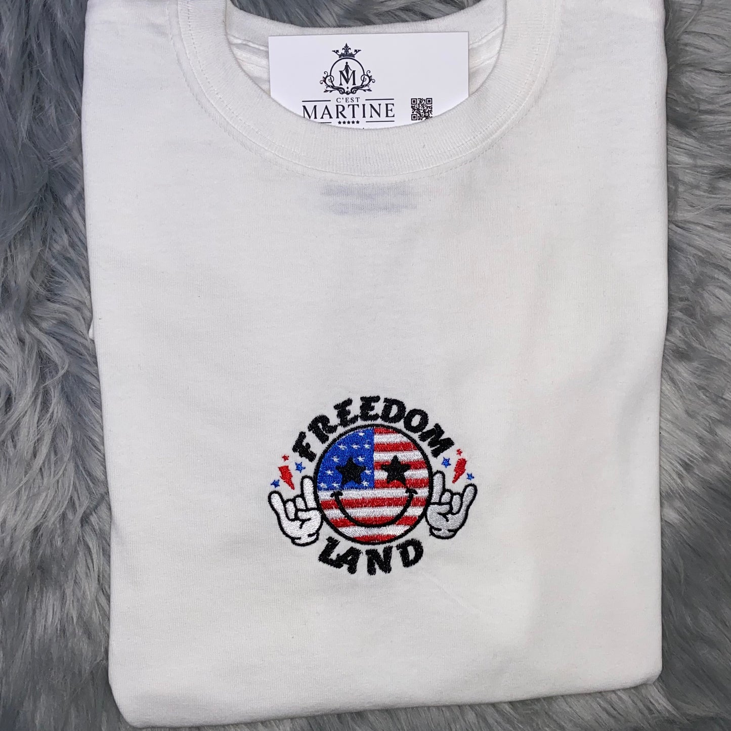 4th of July, Smiley Face, All American, Freedom, Land of the Free, America  Embroidered, Custom T-Shirt, Church Going