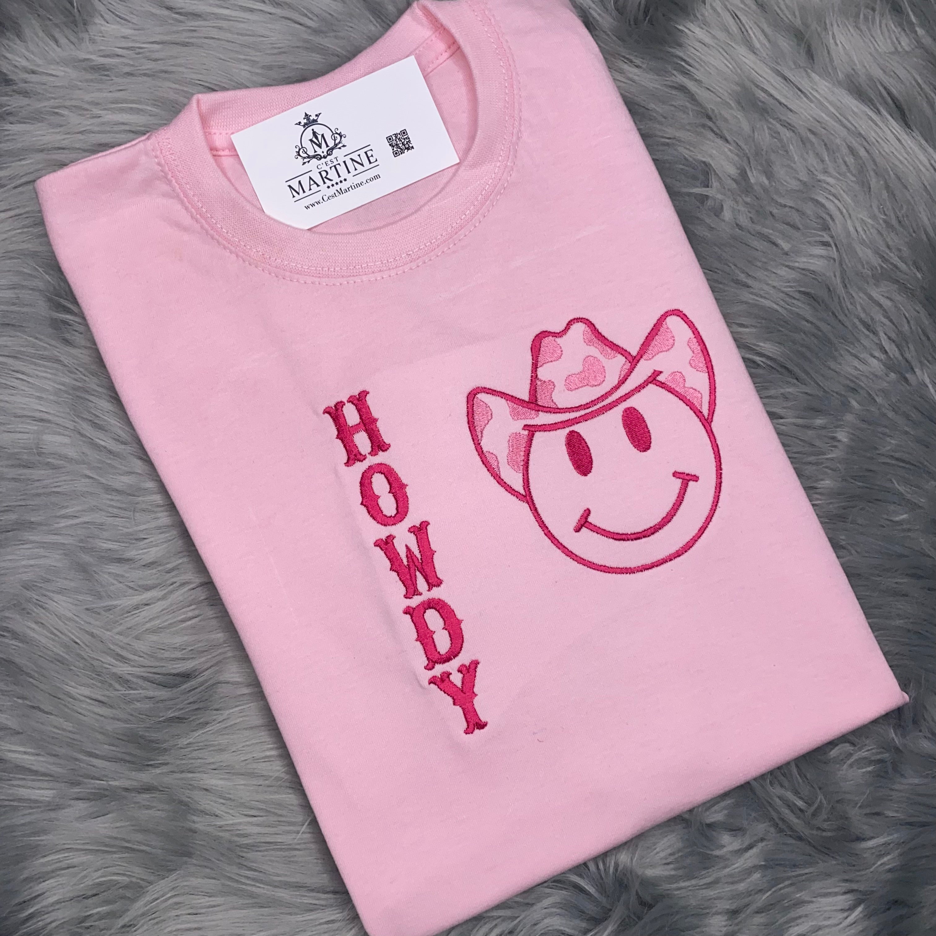 CowPrint, Smiley Face, Embroidered Pink  T-Shirt