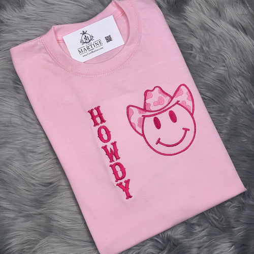 CowPrint, Smiley Face, Embroidered Pink  T-Shirt