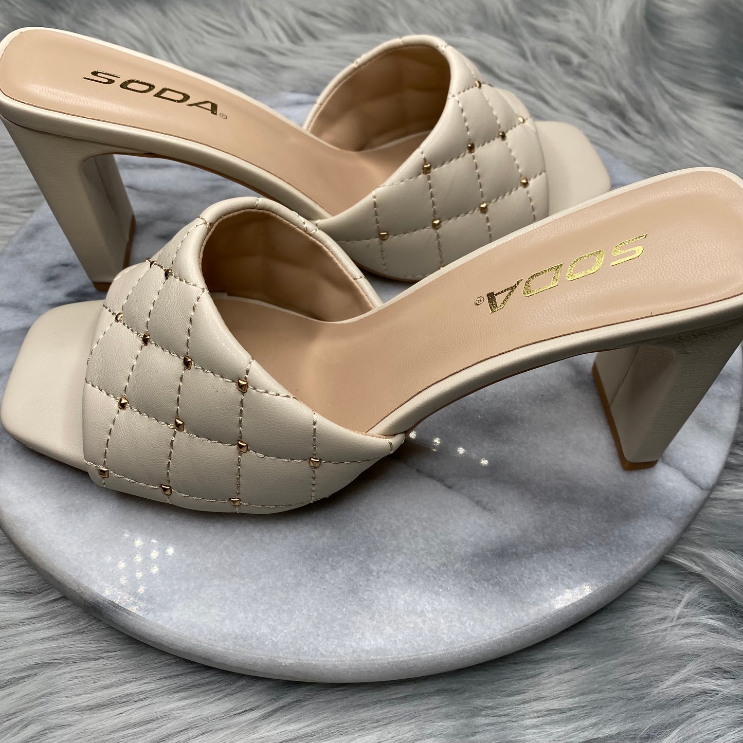 High Heel Sandals with Square Toe Beige