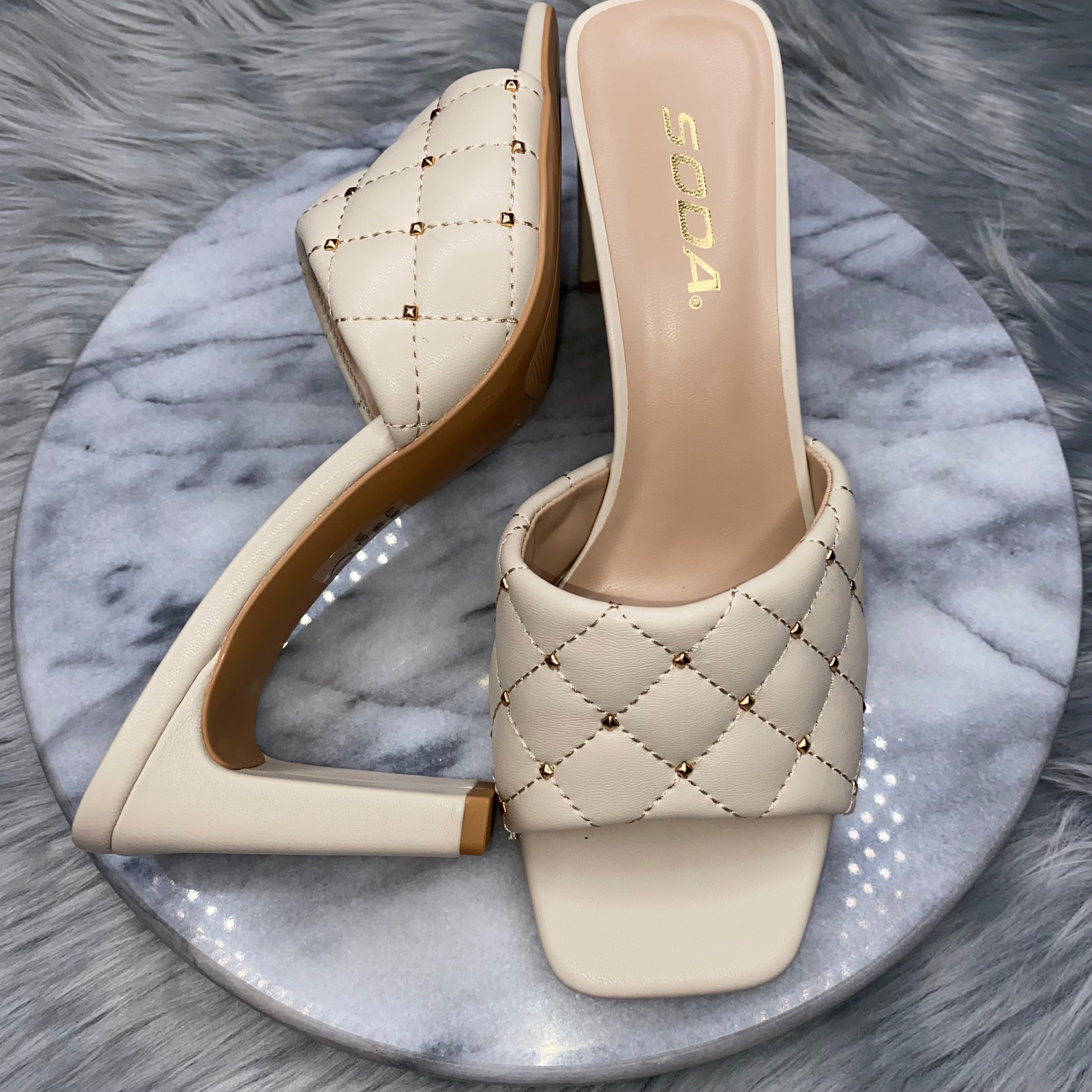 High Heel Sandals with Square Toe Beige