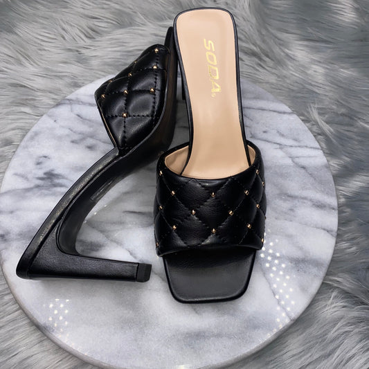 High Heel Sandals with Square Toe Black with Gold Stud Balls