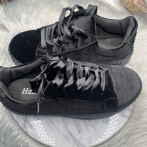 Black Velvet Sneaker with Satin Ribbon Lace