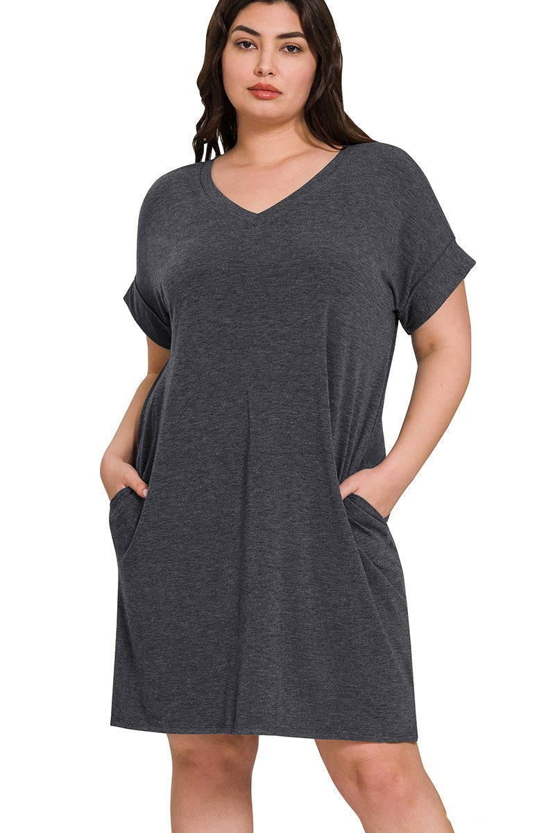 Short Sleeve Dress with Pockets Plus Size Charcoal