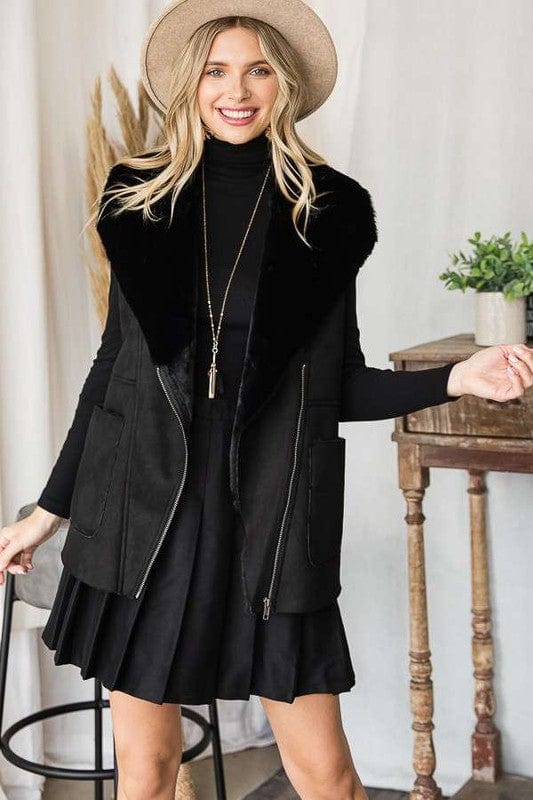 Vest, Winter, Fall, Black Faux Shearling Vest | C'est martine