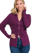 Ruched Button Down Shirt Dark Plum