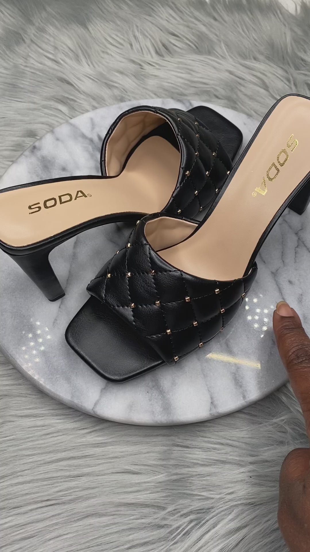 High Heel Sandals with Square Toe Black with Gold Stud Balls