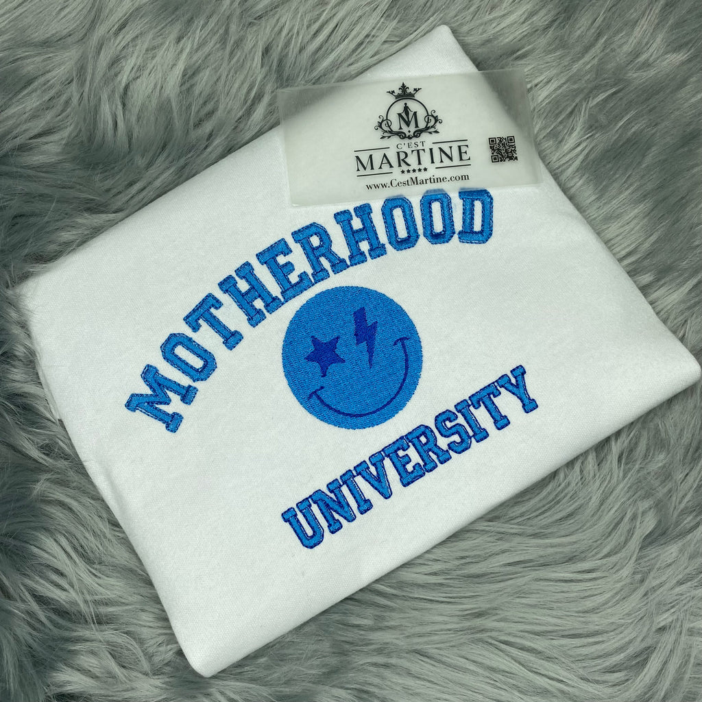 Motherhood University Smiley Face Mother's Day Embroidered Gift T-Shirt