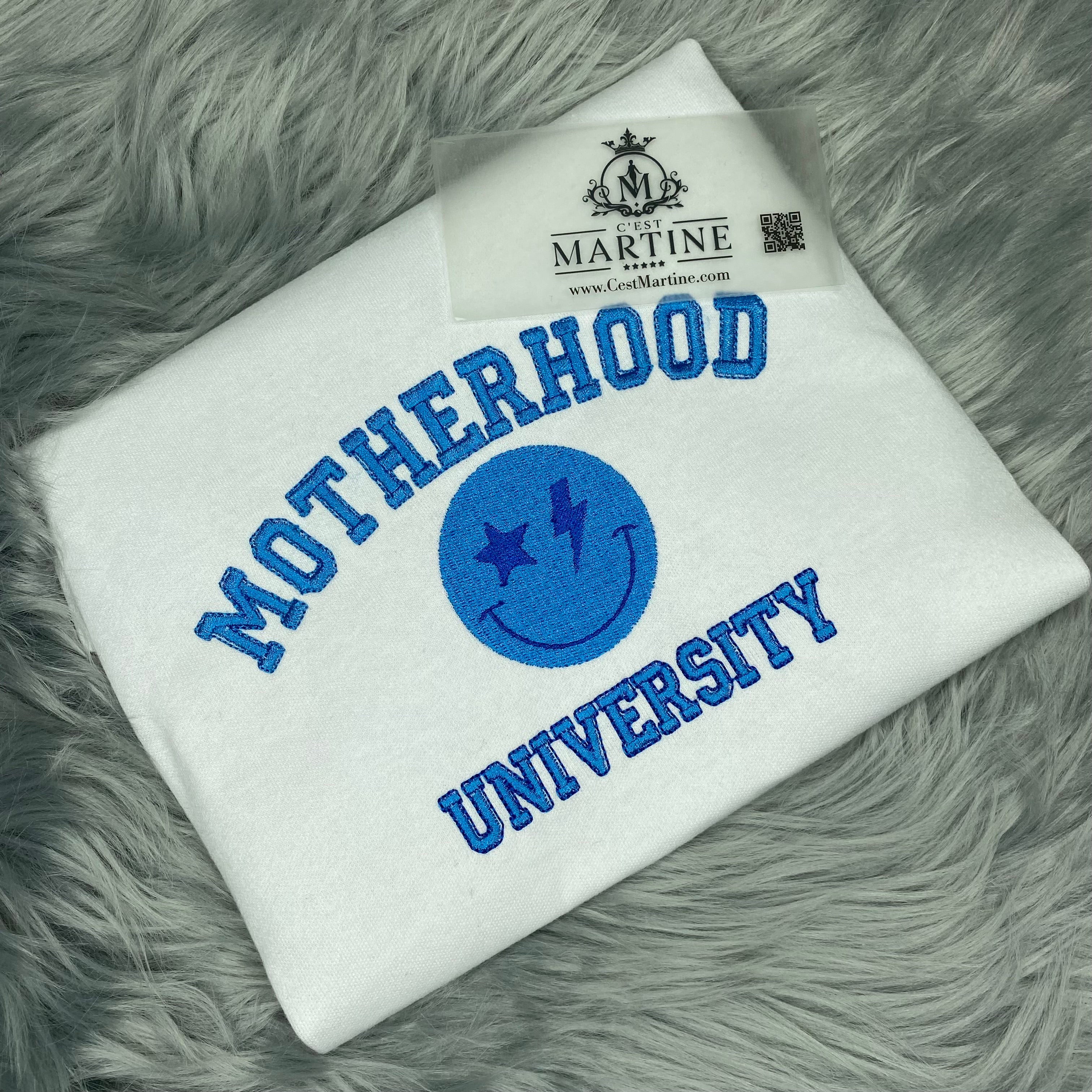 Motherhood University Smiley Face Mother's Day Embroidered Gift T-Shirt