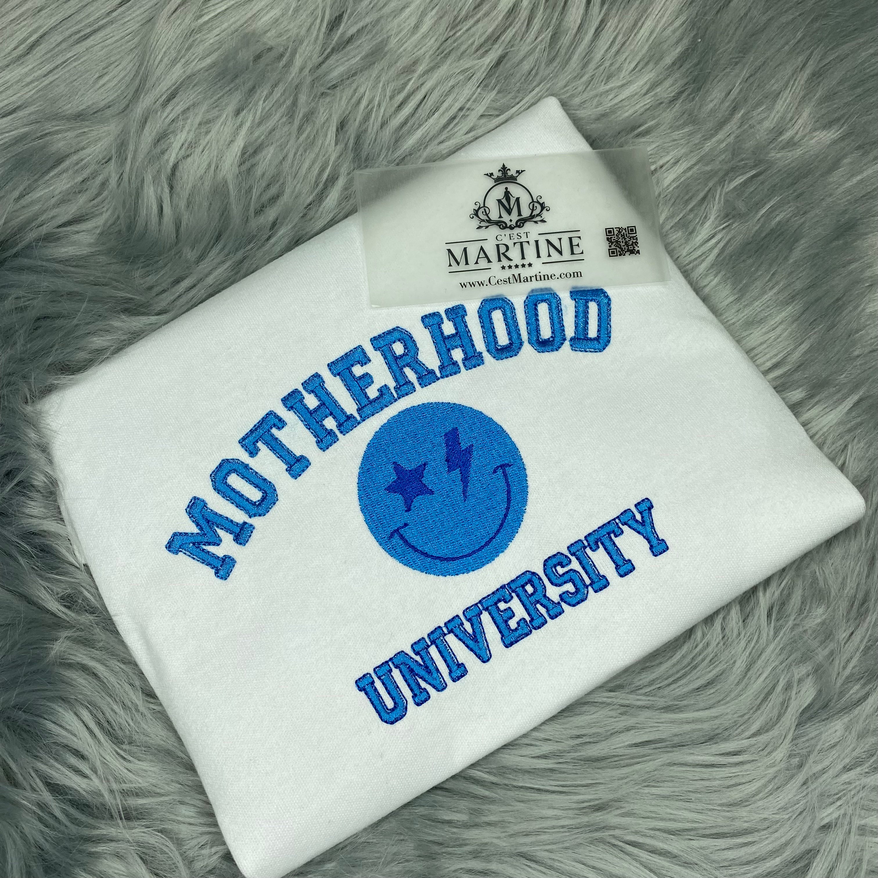 Motherhood University Smiley Face Mother's Day Embroidered Gift T-Shirt